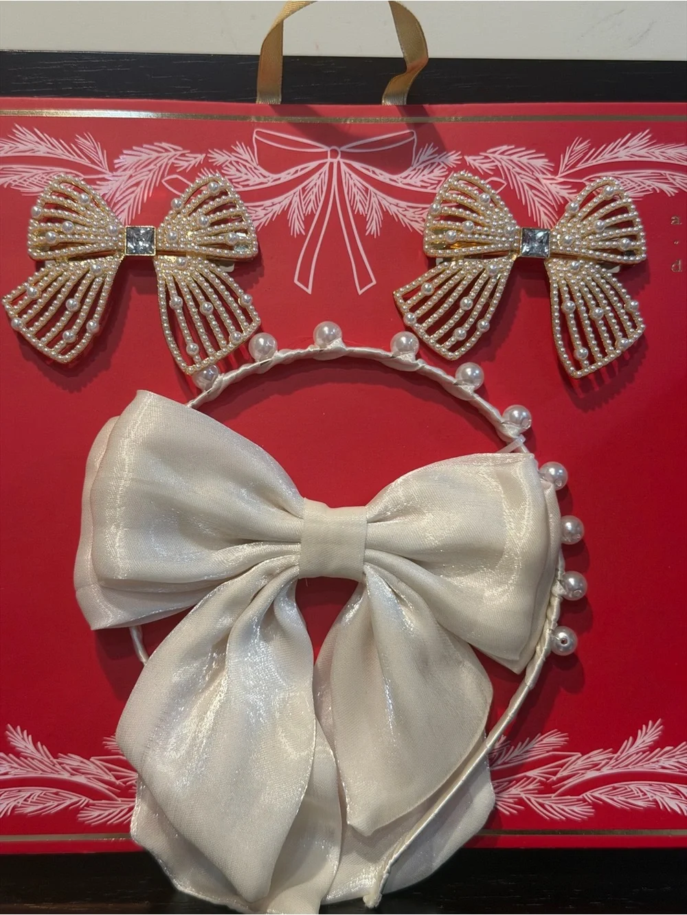 a new day Ivory Pearl Bow Headband with Gold Beaded Bow Clips Set